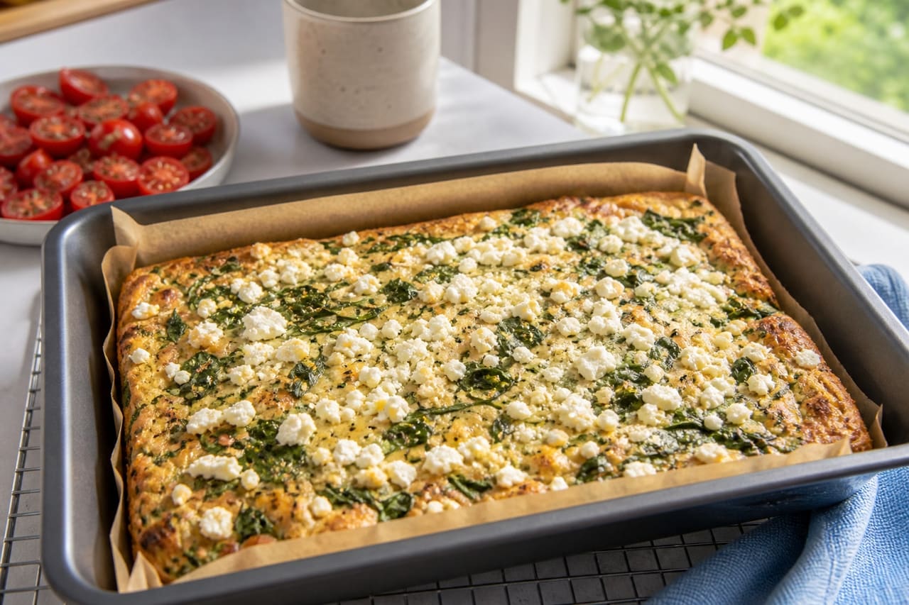 Golden Spinach Feta Breakfast Slices with Mustard Tomato cooking step 4: Bake until golden.