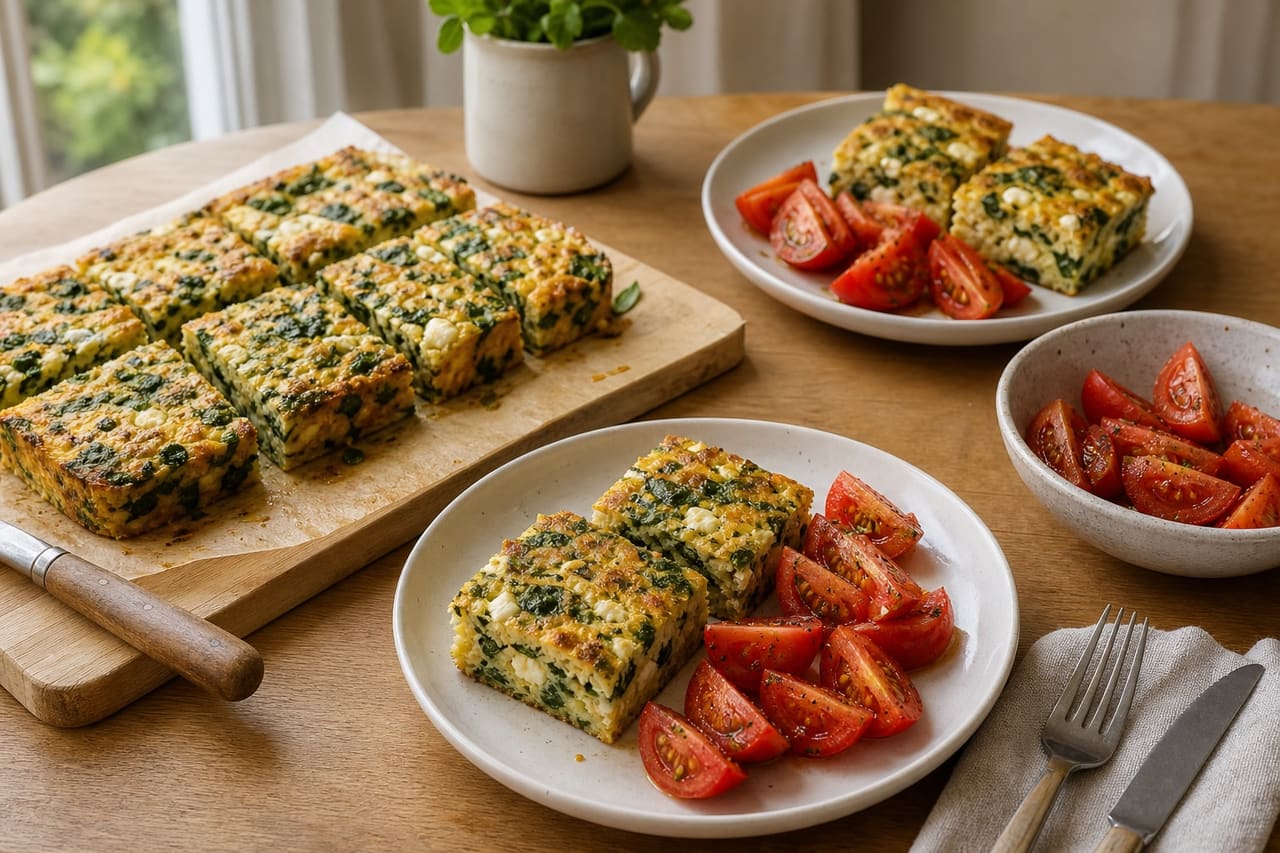 Golden Spinach Feta Breakfast Slices with Mustard Tomato cooking step 5: Dress and serve.