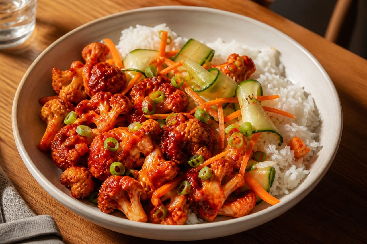 Sticky Harissa Cauliflower Rice Bowls with Quick Cucumber Pickle.