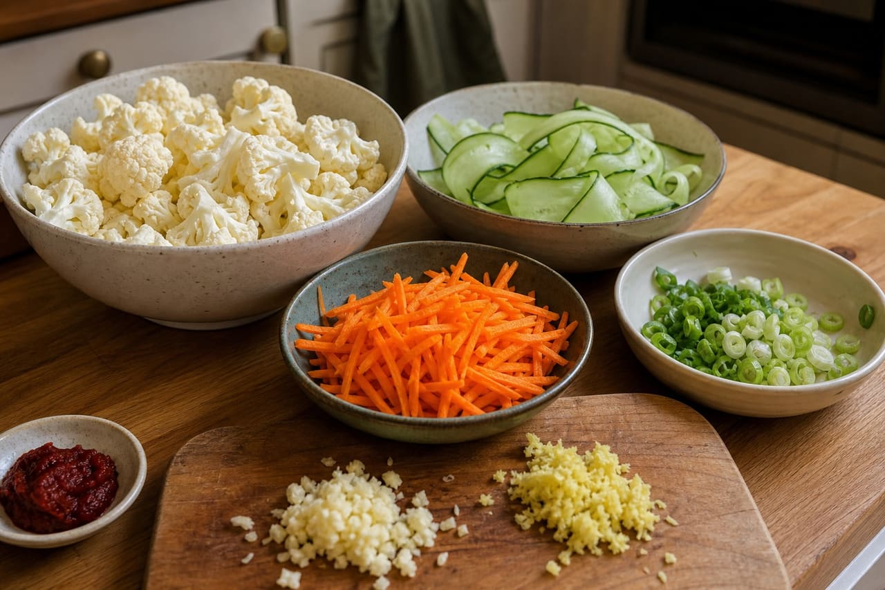 Sticky Harissa Cauliflower Rice Bowls with Quick Cucumber Pickle cooking step 1: Prepare the vegetables.