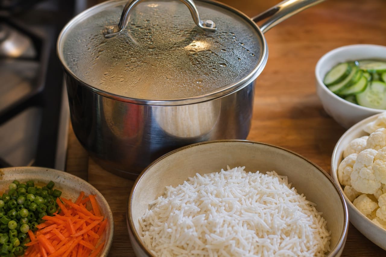 Sticky Harissa Cauliflower Rice Bowls with Quick Cucumber Pickle cooking step 2: Cook the rice.