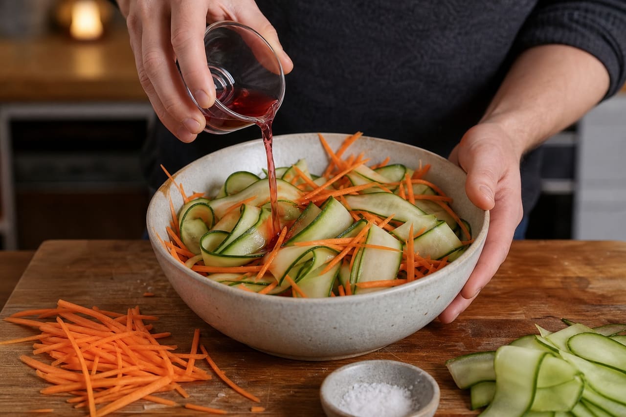 Sticky Harissa Cauliflower Rice Bowls with Quick Cucumber Pickle cooking step 3: Quick-pickle the cucumber.