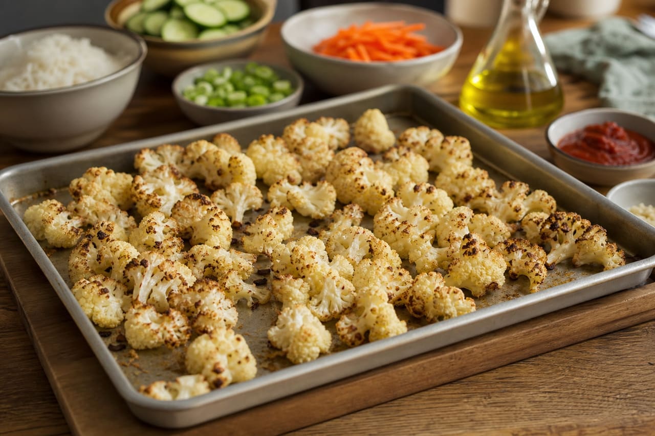 Sticky Harissa Cauliflower Rice Bowls with Quick Cucumber Pickle cooking step 4: Roast the cauliflower.