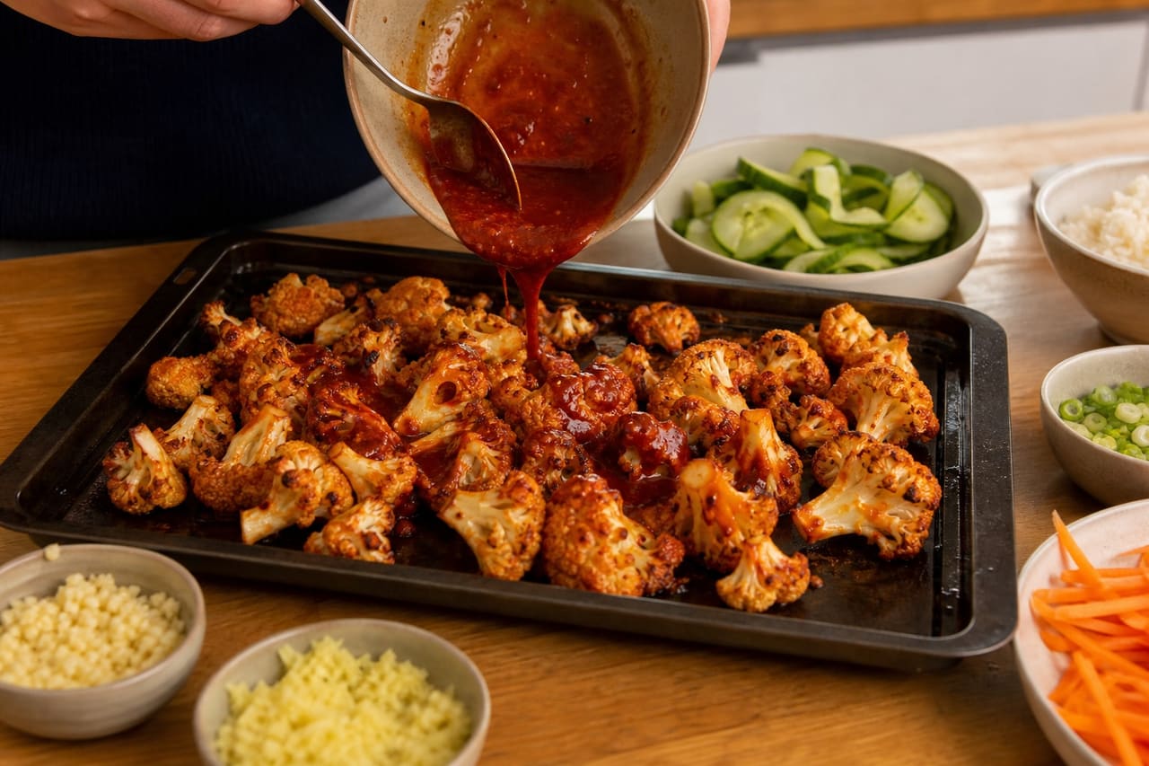 Sticky Harissa Cauliflower Rice Bowls with Quick Cucumber Pickle cooking step 5: Add the sticky glaze.