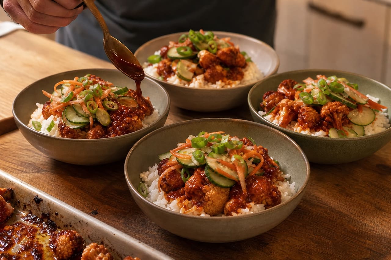 Sticky Harissa Cauliflower Rice Bowls with Quick Cucumber Pickle cooking step 6: Build the rice bowls.