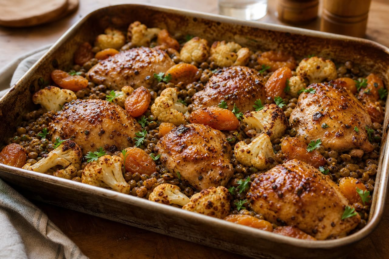 Sticky Honey Mustard Chicken Lentil Traybake with Cauliflower and Apricots.