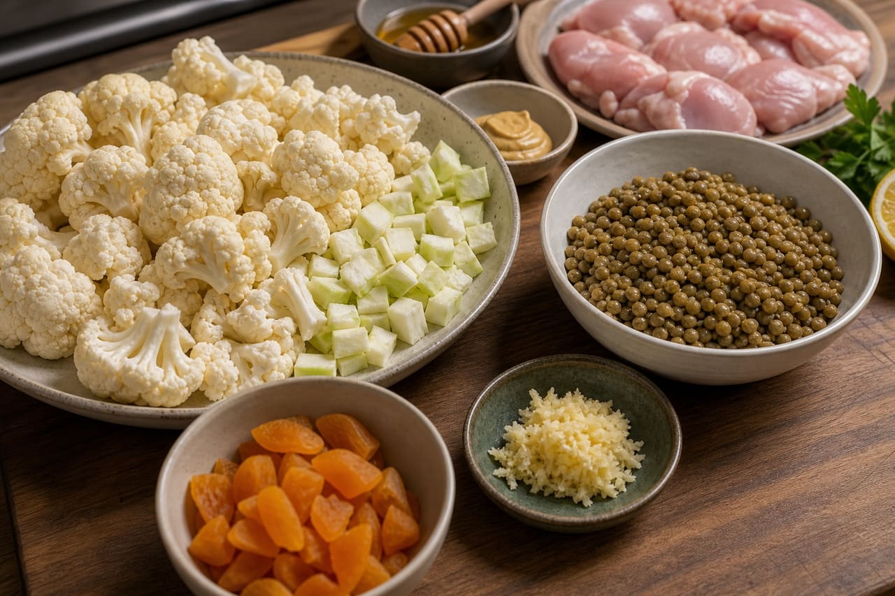 Sticky Honey Mustard Chicken Lentil Traybake with Cauliflower and Apricots cooking step 1: Prepare the tray.
