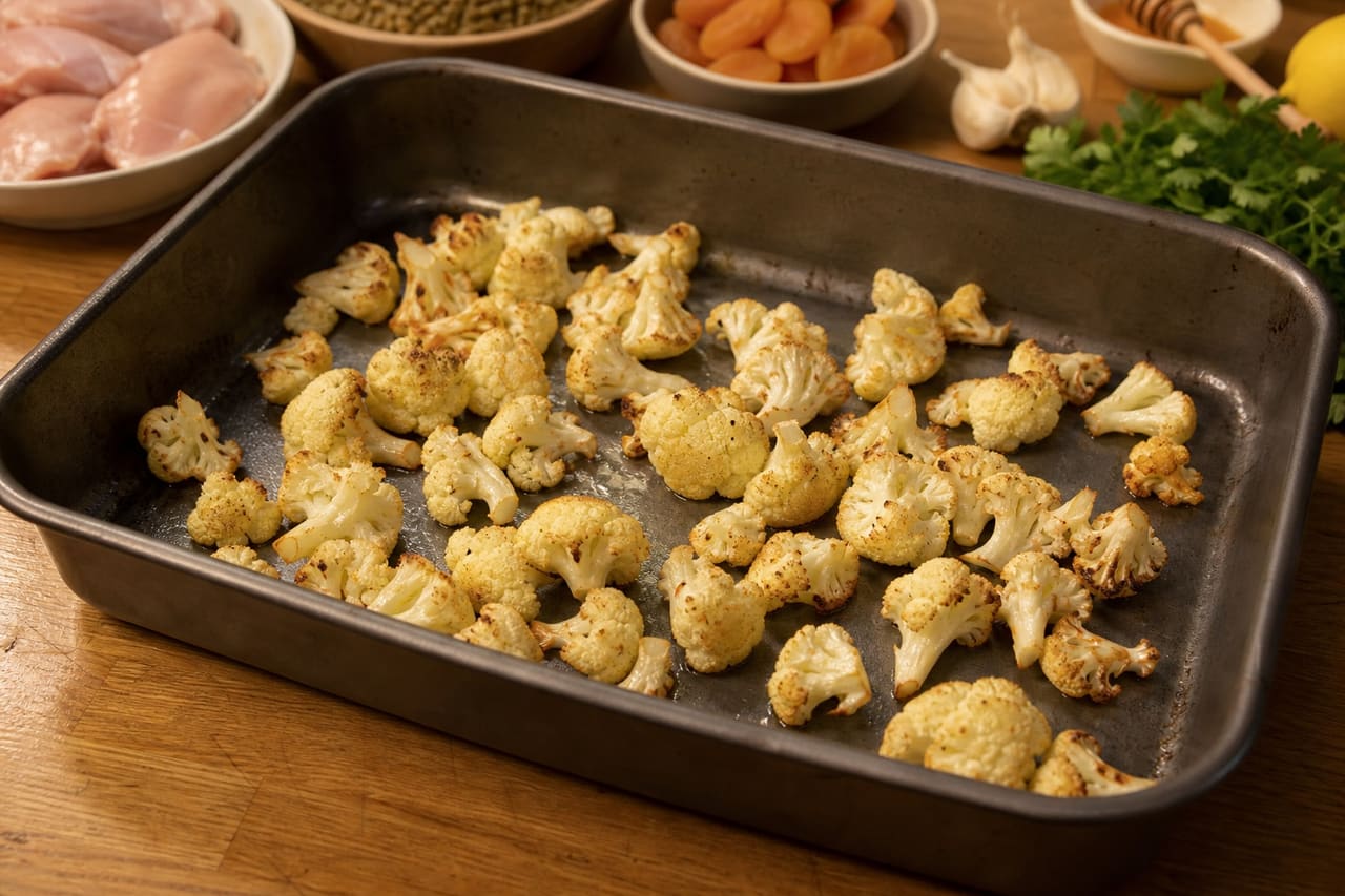 Sticky Honey Mustard Chicken Lentil Traybake with Cauliflower and Apricots cooking step 2: Start the cauliflower.