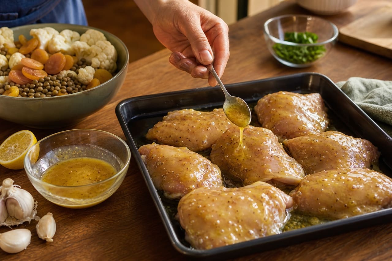 Sticky Honey Mustard Chicken Lentil Traybake with Cauliflower and Apricots cooking step 3: Mix the honey-mustard glaze.