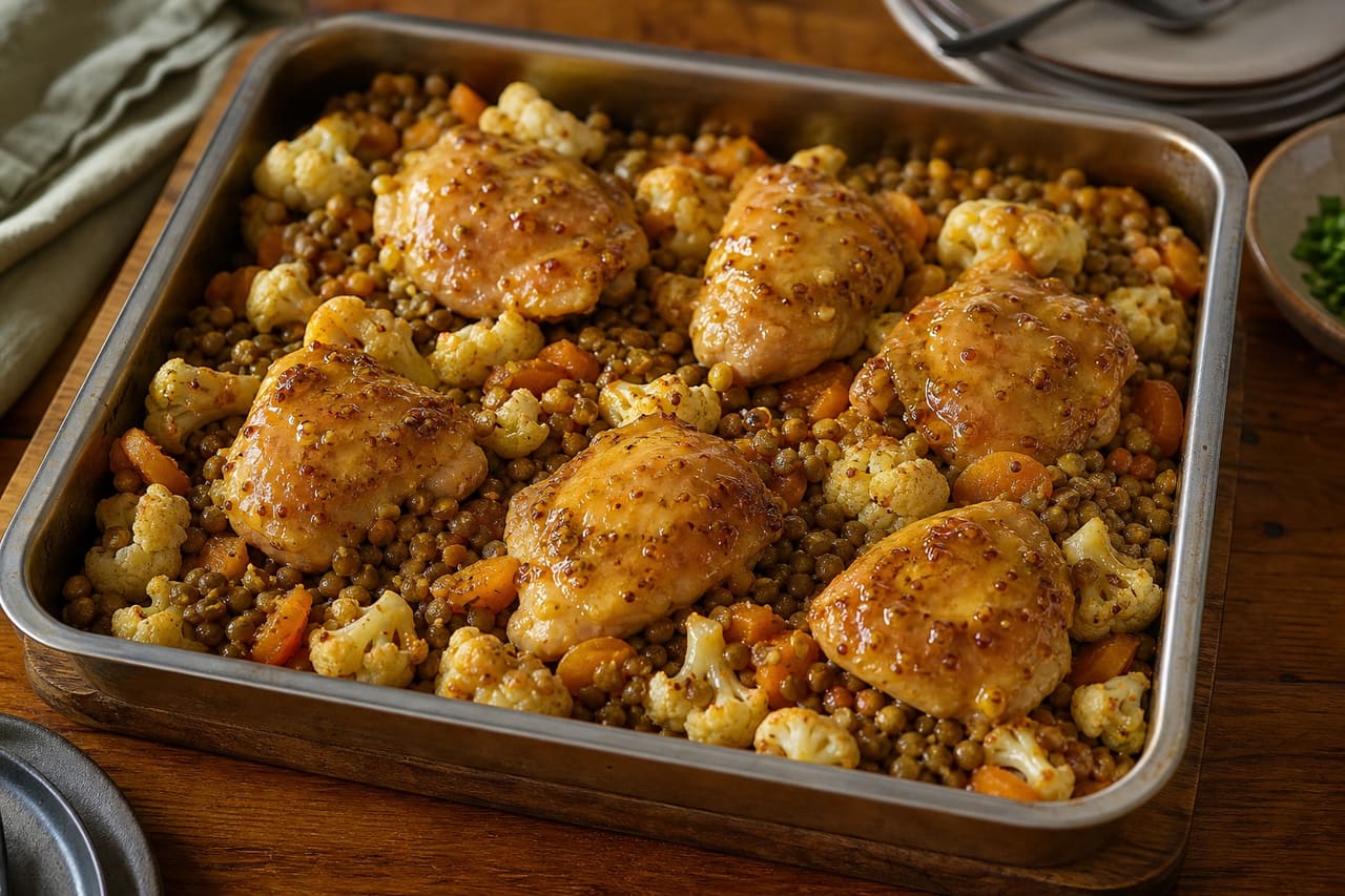 Sticky Honey Mustard Chicken Lentil Traybake with Cauliflower and Apricots cooking step 4: Add the lentils and chicken.