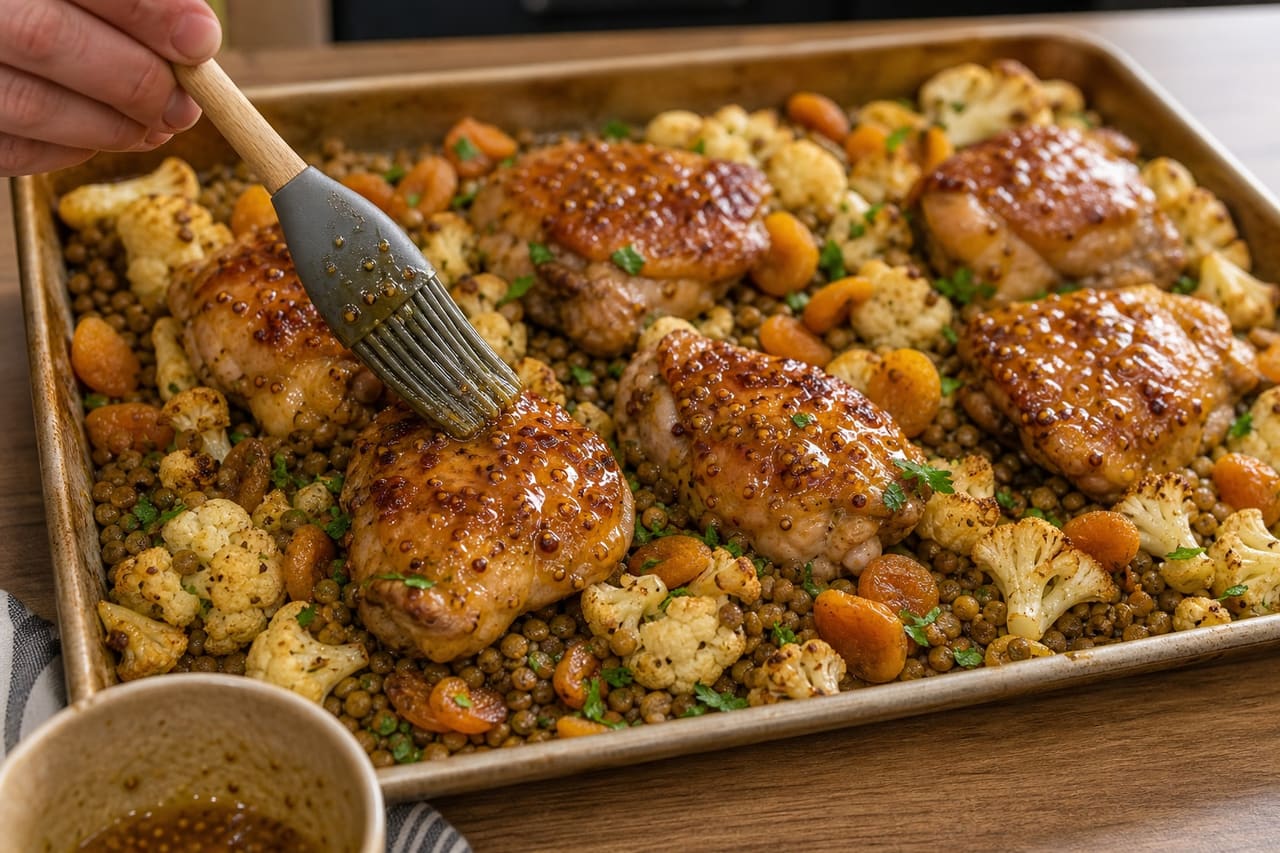 Sticky Honey Mustard Chicken Lentil Traybake with Cauliflower and Apricots cooking step 5: Glaze and finish.