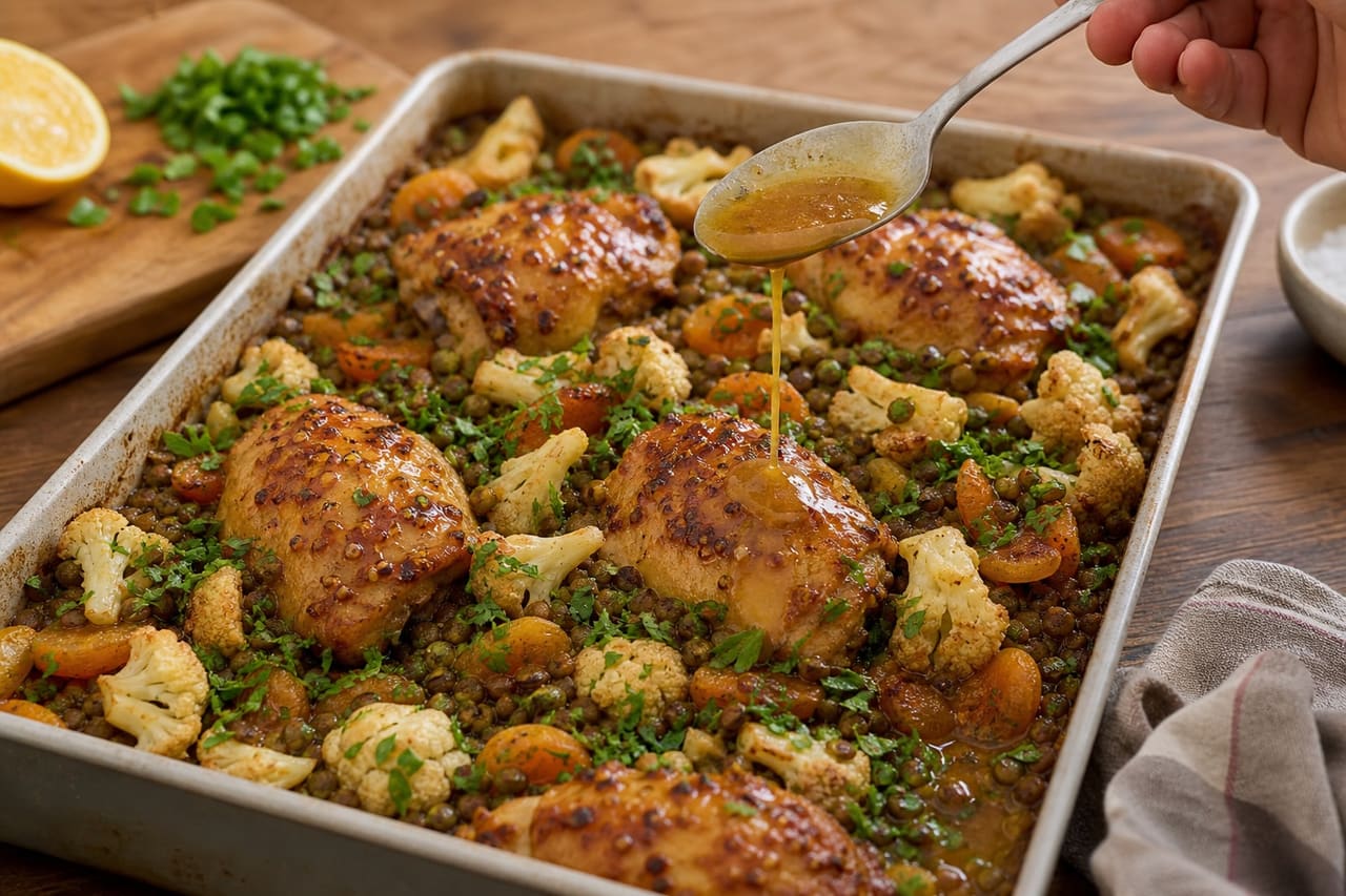 Sticky Honey Mustard Chicken Lentil Traybake with Cauliflower and Apricots cooking step 6: Add lemon and parsley.