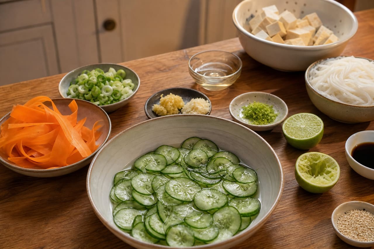 Sticky Sesame Tofu Noodles with Quick Cucumber Pickle cooking step 1: Prepare the pickle and aromatics.