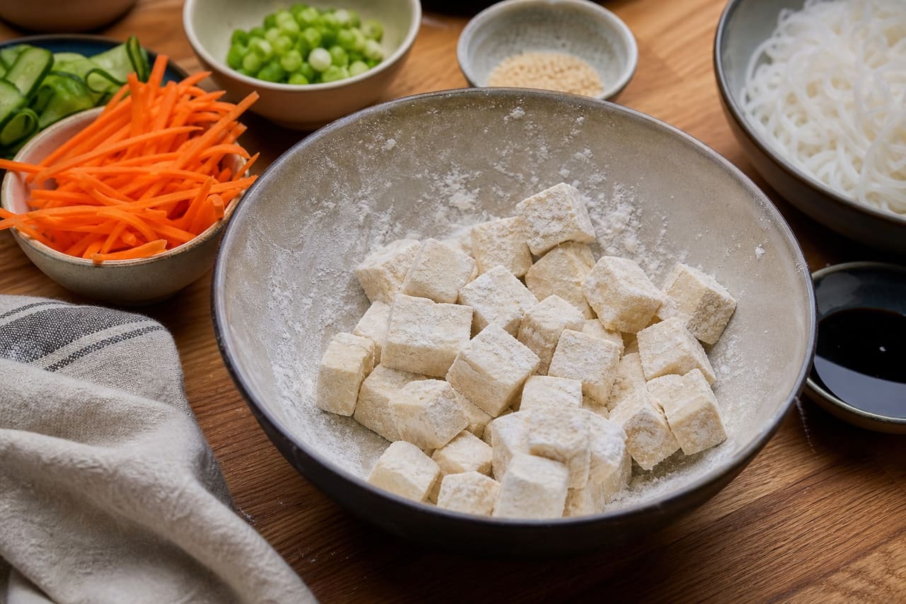 Sticky Sesame Tofu Noodles with Quick Cucumber Pickle cooking step 2: Coat the tofu.