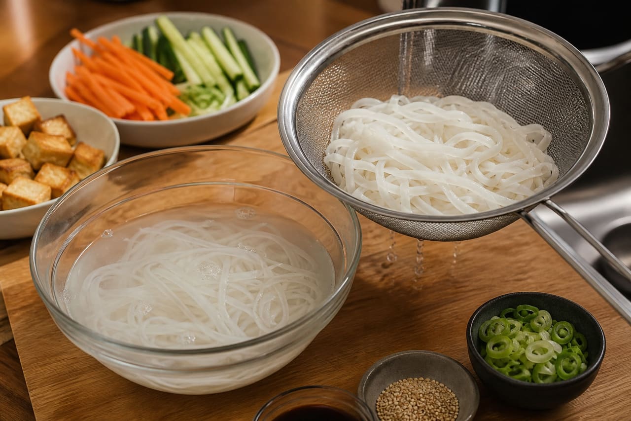 Sticky Sesame Tofu Noodles with Quick Cucumber Pickle cooking step 3: Soak the noodles.