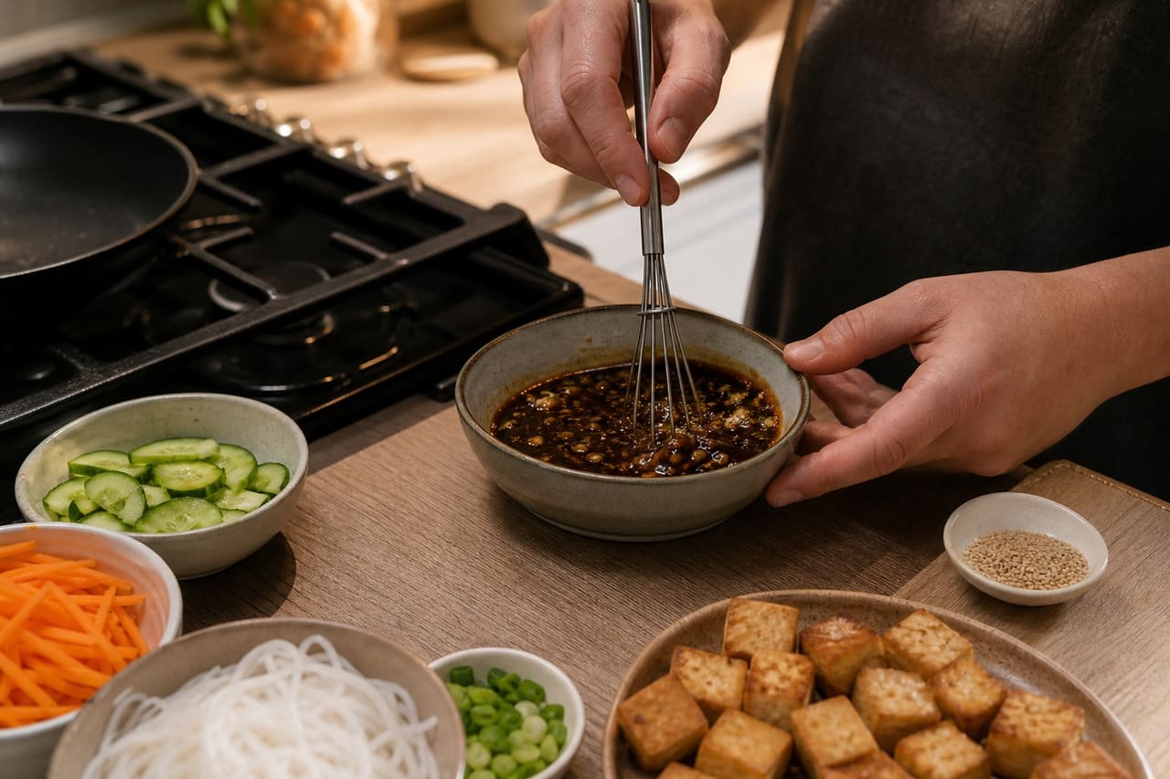 Sticky Sesame Tofu Noodles with Quick Cucumber Pickle cooking step 4: Mix the sticky sauce.