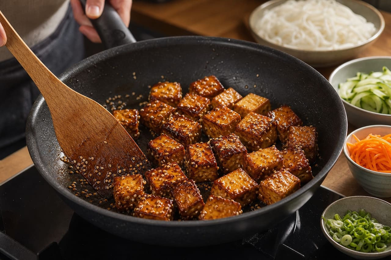 Sticky Sesame Tofu Noodles with Quick Cucumber Pickle cooking step 5: Crisp and glaze the tofu.