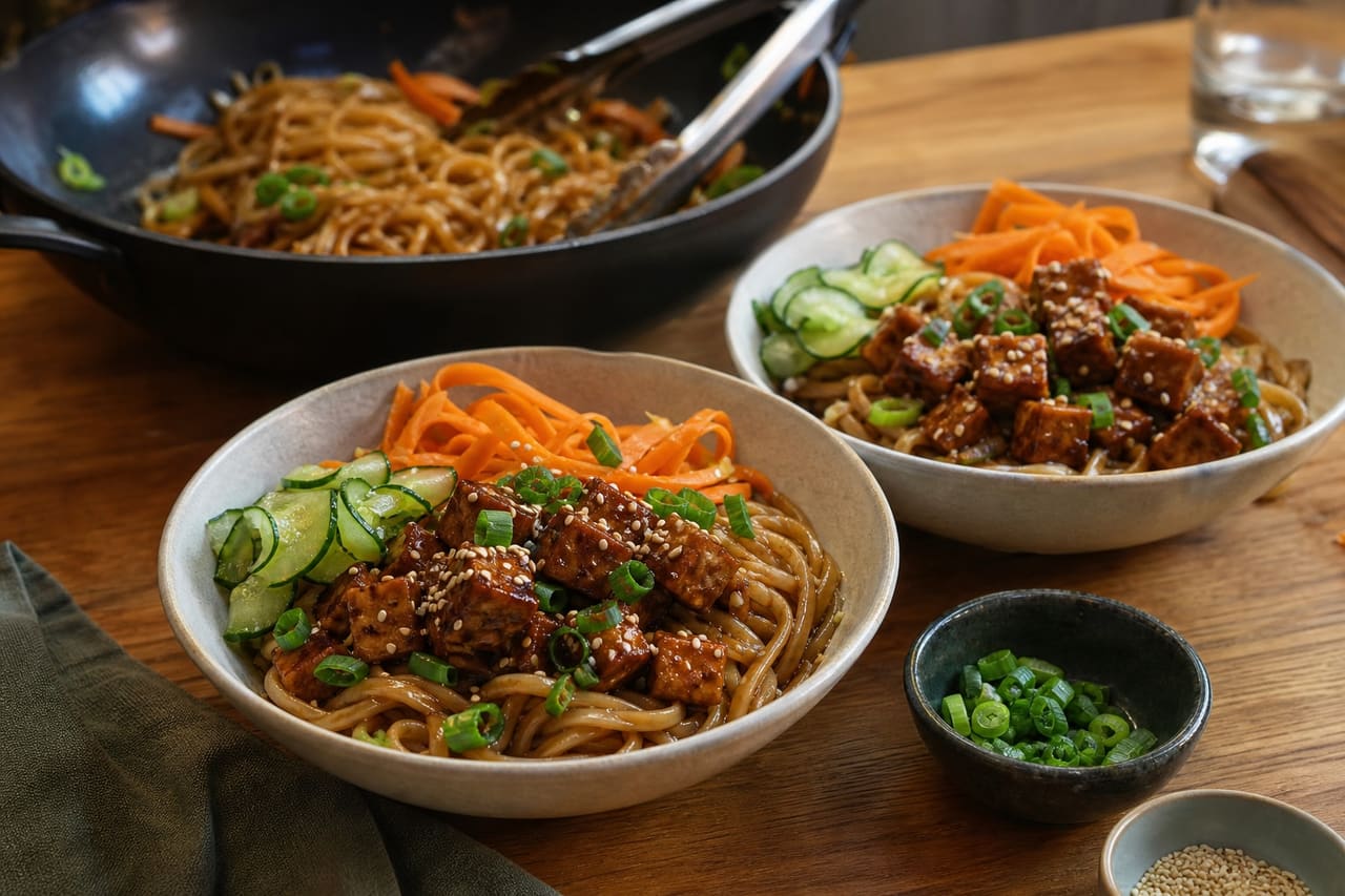 Sticky Sesame Tofu Noodles with Quick Cucumber Pickle cooking step 6: Toss the noodles and serve.