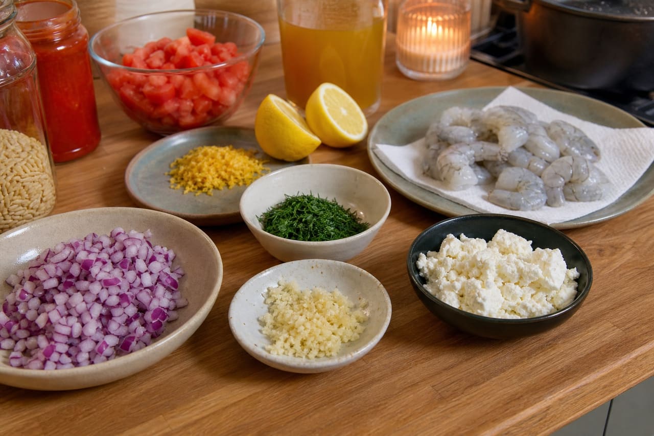 Tomato Prawn Orzo with Feta, Dill and Lemon cooking step 1: Prepare the ingredients.