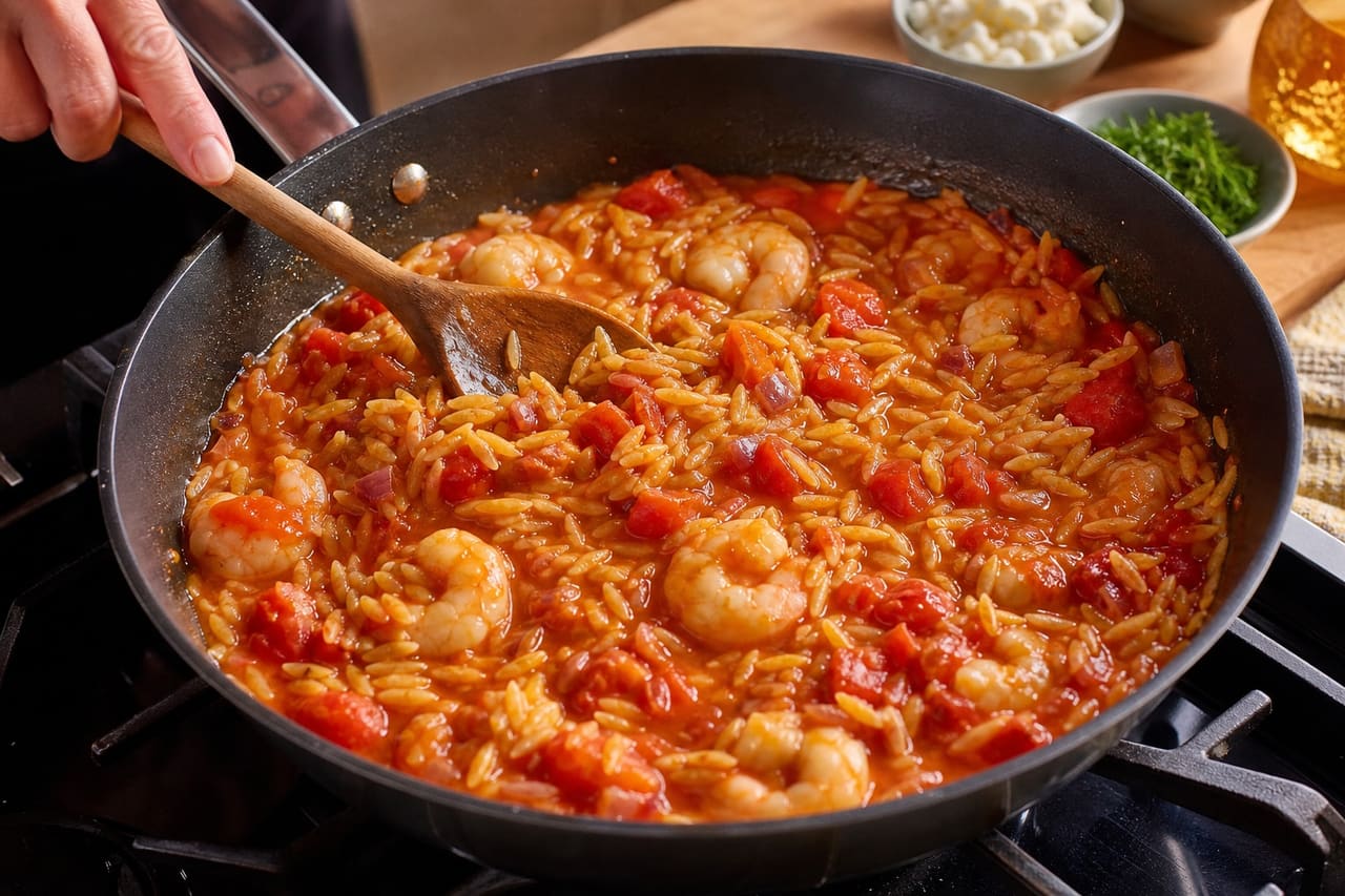 Tomato Prawn Orzo with Feta, Dill and Lemon cooking step 4: Simmer the tomato orzo.