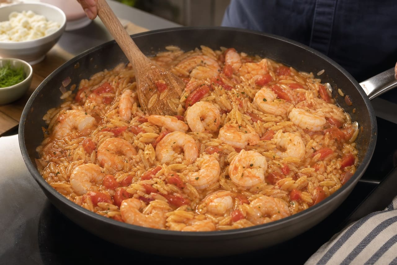 Tomato Prawn Orzo with Feta, Dill and Lemon cooking step 5: Cook the prawns.