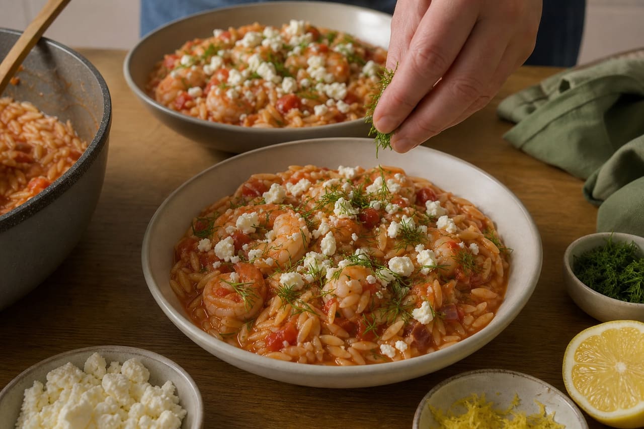 Tomato Prawn Orzo with Feta, Dill and Lemon cooking step 6: Finish with feta and dill.