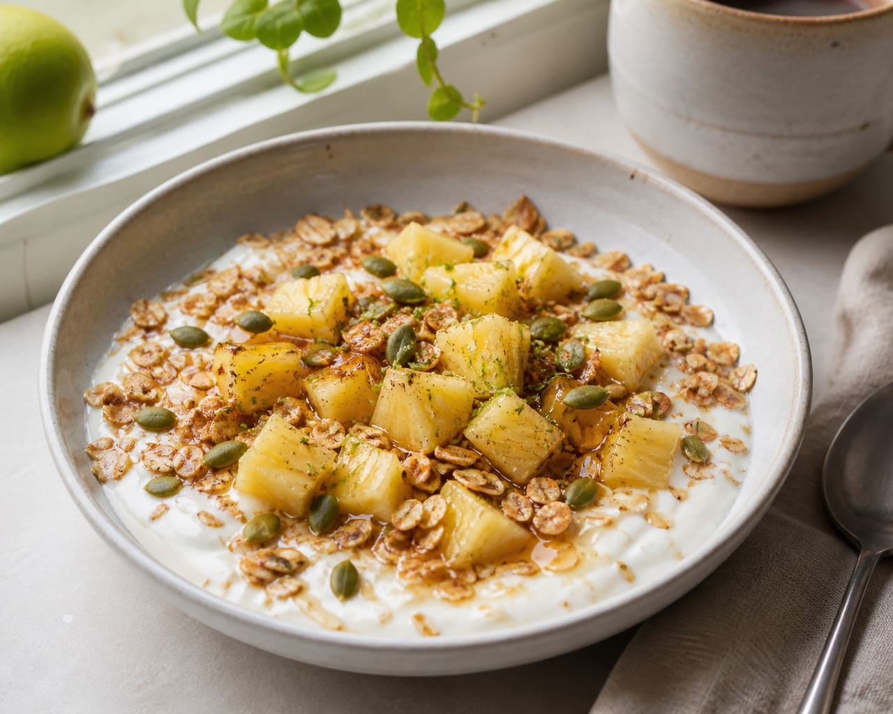 Tropical Pineapple Coconut Breakfast Bowls with Lime Oat Crunch.