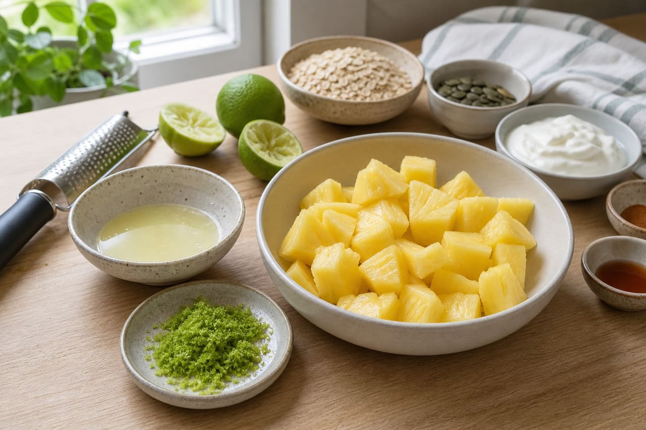 Tropical Pineapple Coconut Breakfast Bowls with Lime Oat Crunch cooking step 1: Prepare the pineapple and lime.