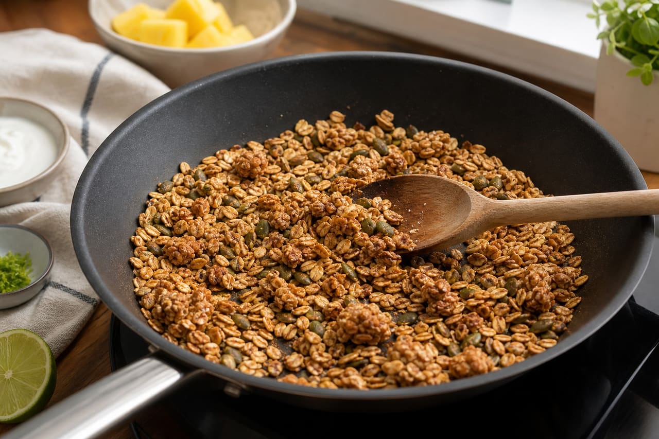 Tropical Pineapple Coconut Breakfast Bowls with Lime Oat Crunch cooking step 2: Toast the oat crunch.