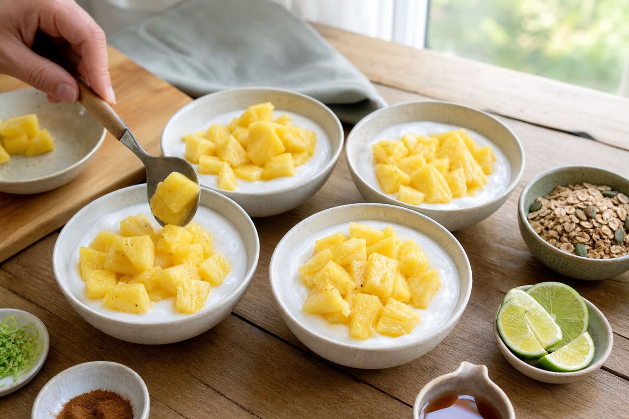 Tropical Pineapple Coconut Breakfast Bowls with Lime Oat Crunch cooking step 4: Add the pineapple.