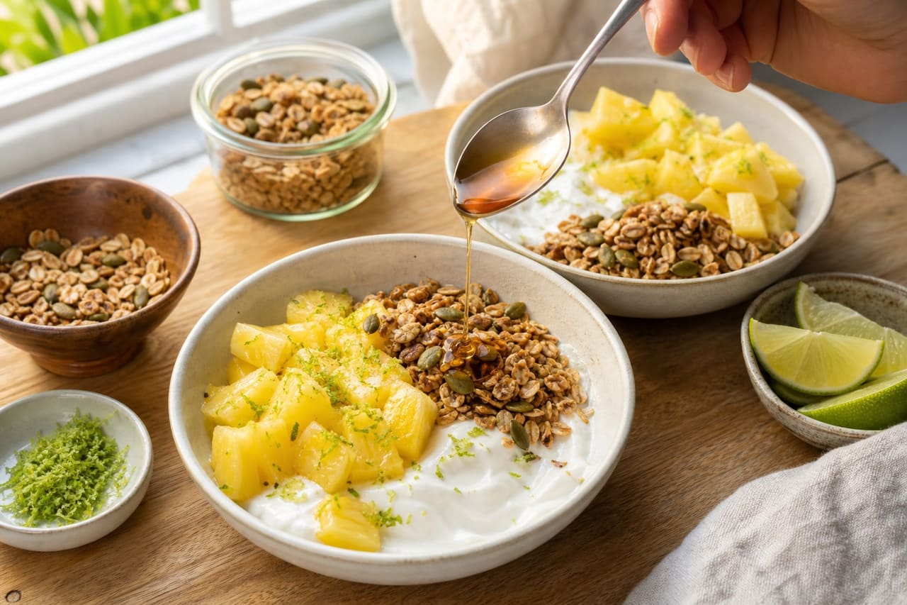 Tropical Pineapple Coconut Breakfast Bowls with Lime Oat Crunch cooking step 5: Finish with oat crunch.