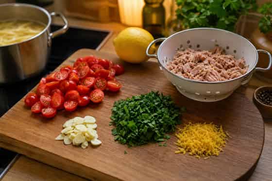 Tuna Tomato Lemon Pasta with Parsley cooking step 2: Prep the flavourings.