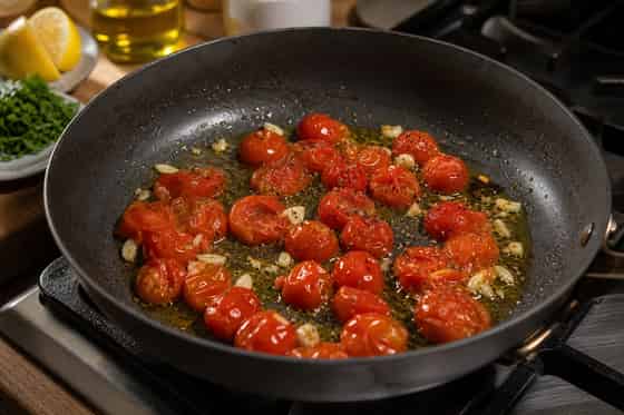 Tuna Tomato Lemon Pasta with Parsley cooking step 3: Soften the tomatoes.