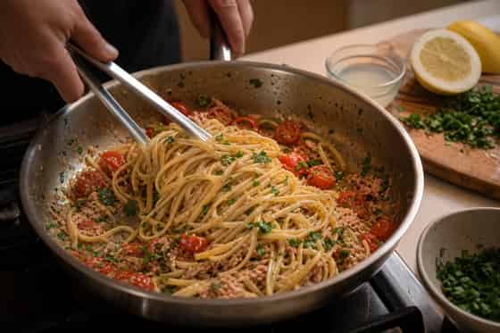 Tuna Tomato Lemon Pasta with Parsley cooking step 5: Toss the pasta.