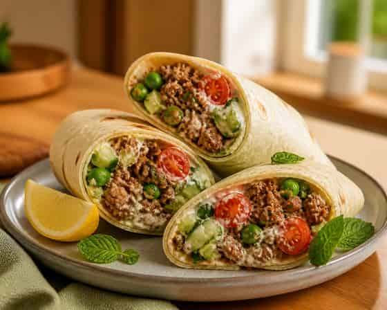 Turkey Keema Cucumber Wraps with Yoghurt.