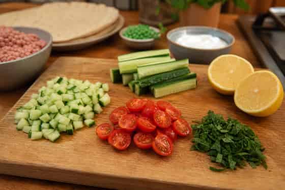 Turkey Keema Cucumber Wraps with Yoghurt cooking step 1: Prep the fresh sides.