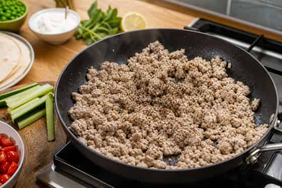 Turkey Keema Cucumber Wraps with Yoghurt cooking step 2: Cook the turkey.