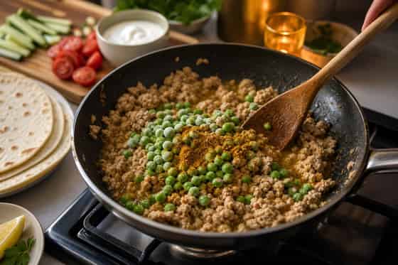Turkey Keema Cucumber Wraps with Yoghurt cooking step 3: Spice the keema.
