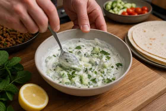 Turkey Keema Cucumber Wraps with Yoghurt cooking step 4: Mix cucumber yoghurt.