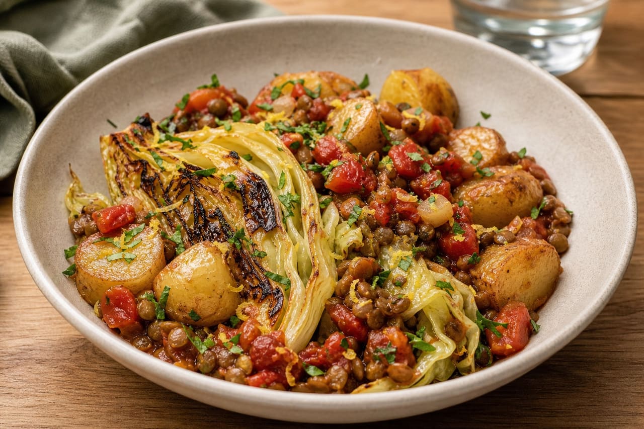 Charred Cabbage Tomato Lentils with Crispy Potatoes.