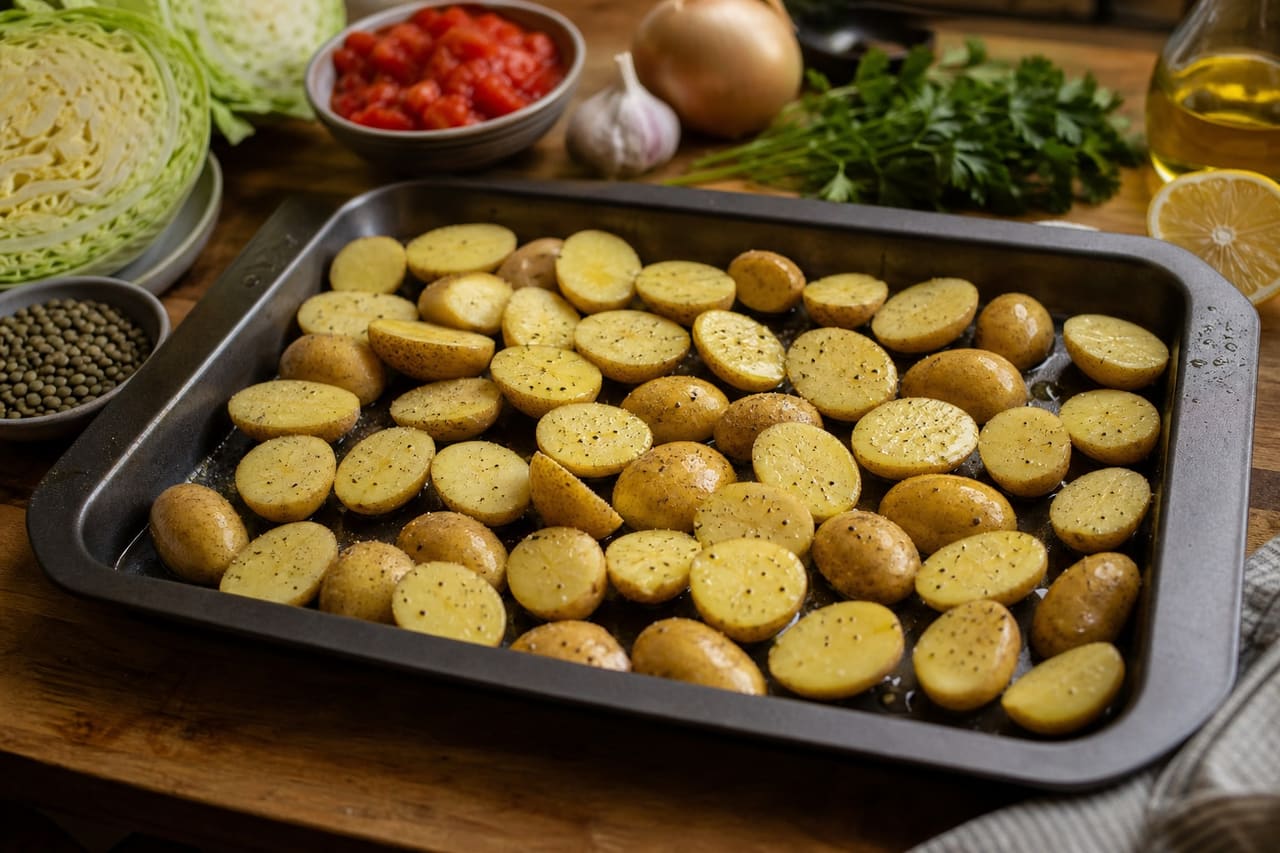Charred Cabbage Tomato Lentils with Crispy Potatoes cooking step 1: Prepare the potatoes.