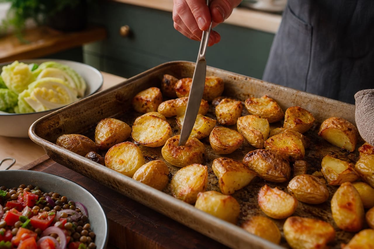 Charred Cabbage Tomato Lentils with Crispy Potatoes cooking step 2: Roast until crisp.