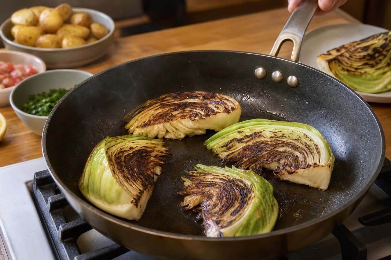 Charred Cabbage Tomato Lentils with Crispy Potatoes cooking step 4: Char the cabbage.