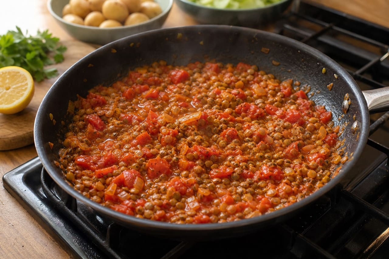 Charred Cabbage Tomato Lentils with Crispy Potatoes cooking step 5: Build the tomato lentils.