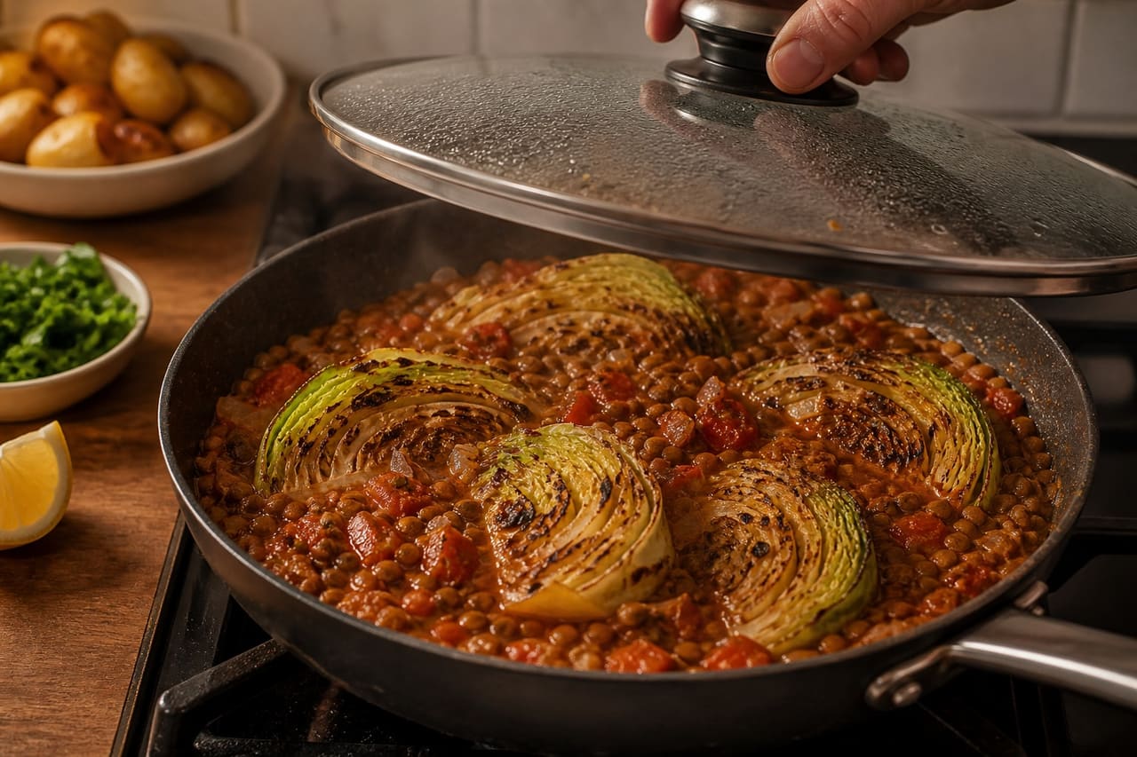 Charred Cabbage Tomato Lentils with Crispy Potatoes cooking step 6: Braise the cabbage.