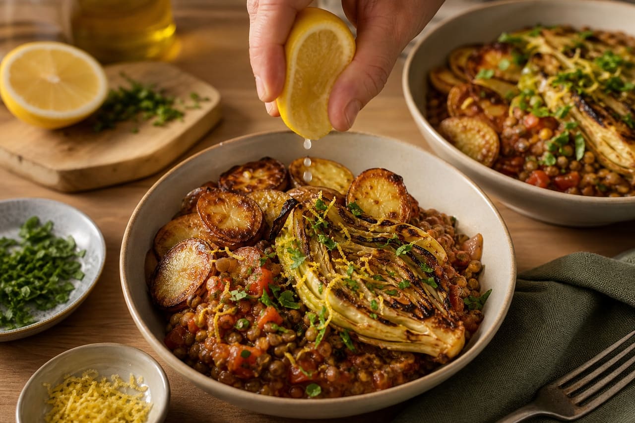 Charred Cabbage Tomato Lentils with Crispy Potatoes cooking step 7: Add lemon and serve.