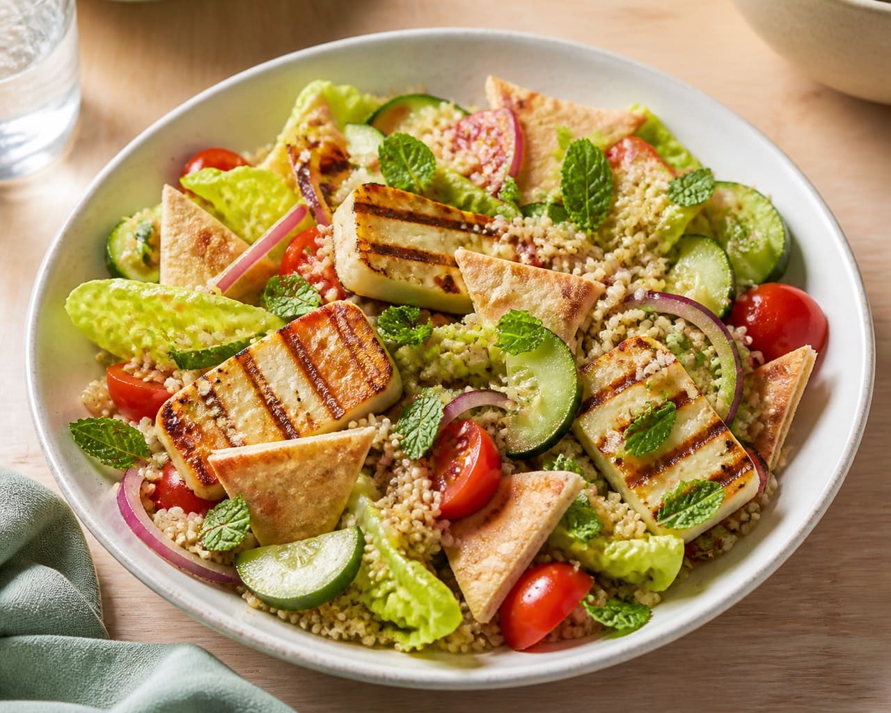 Charred Halloumi Quinoa Fattoush with Mint.