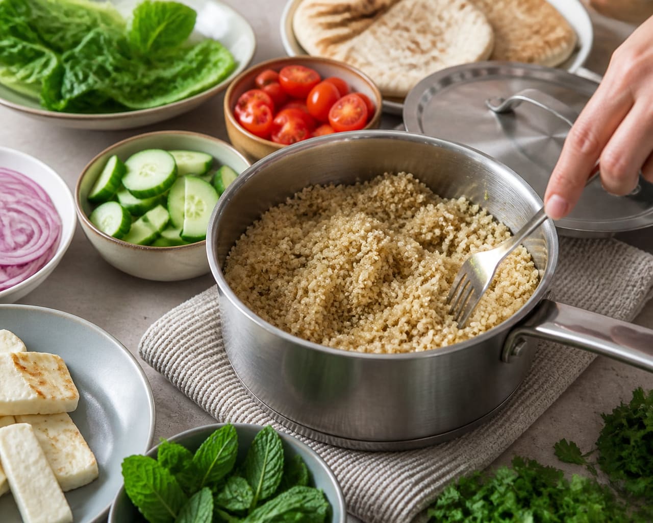 Charred Halloumi Quinoa Fattoush with Mint cooking step 1: Cook the quinoa.