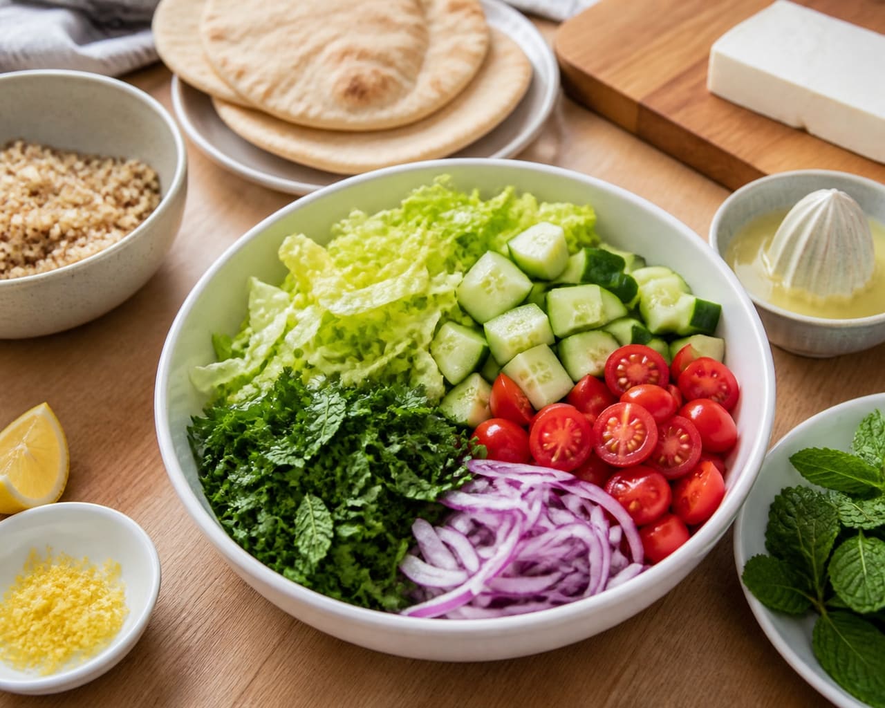 Charred Halloumi Quinoa Fattoush with Mint cooking step 2: Prepare the salad.
