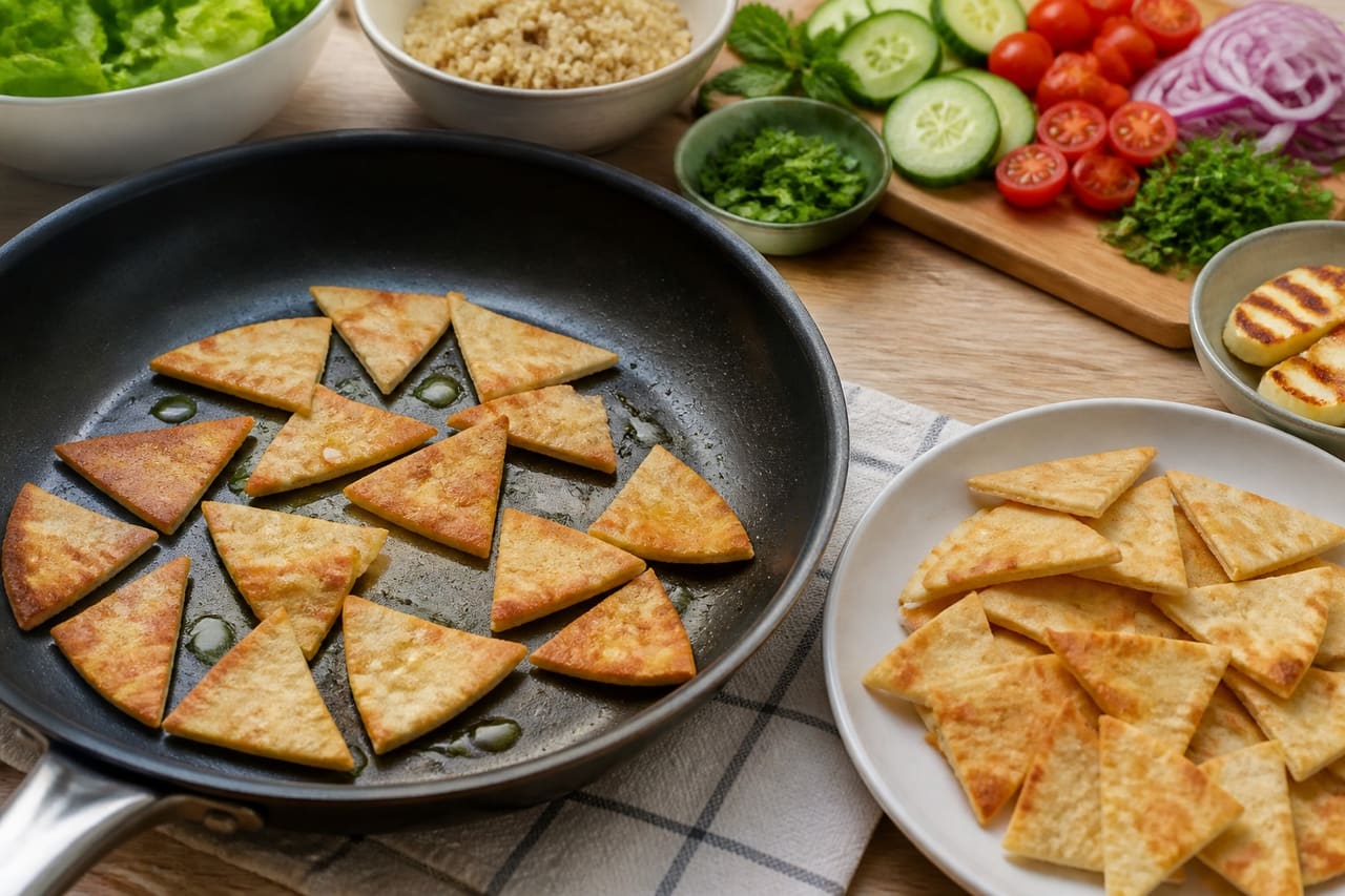 Charred Halloumi Quinoa Fattoush with Mint cooking step 3: Crisp the pitta.